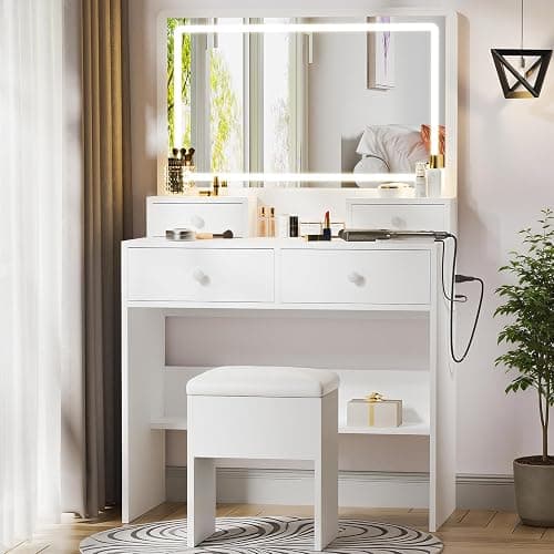 Haewon White Vanity Desk with Mirror and Power Outlet, Makeup Vanity with Adjustable Brightness and 3 Lighting Modes, Dressing Table Set with 4 Drawers, Storage Chair for Bedroom - Image 1