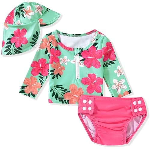 HINTINA Newborn Baby Girl Long Sleeve 2-Pieces Swimsuit Bathing Suit with Hat - Image 1
