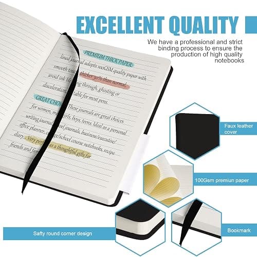 EMOMAS Lined Journal Notebook – Hardcover Notebook for Men & Women – Journals for Writing, Work, School, Home & Daily Notes, 160 Pages – Medium A5, 5.7"x8", 100 gsm Thick Paper (Black)​ thumbnail 3