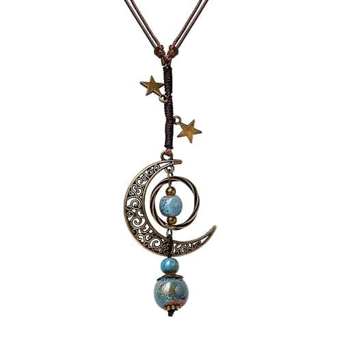 MINACHI Vintage Bohemian Hippie Ceramic Beads Crescent Moon Lariat Necklace, Boho Hippie Statement Jewelry Gift for Women - Image 1
