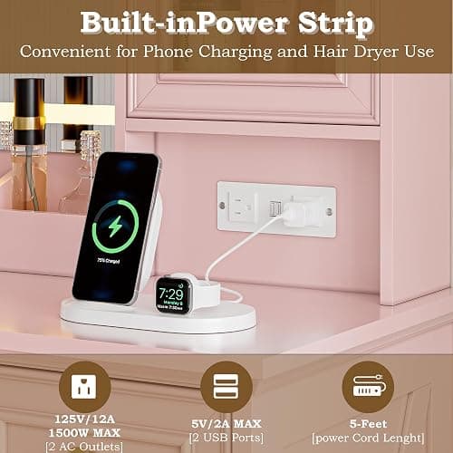 BORNOON Vanity Desk with Lights, Large LED Mirror with 3 Color Modes, Makeup Vanity with Power Outlet & USB Ports, 6 Drawers & 2 RGB Glass Cabinets, Farmhouse Dressing Table for Women & Girls (Pink) - Pink thumbnail 7