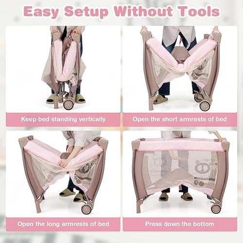 COSTWAY 3 in 1 Portable Travel Cot, Folding Baby Bassinet and Activity Playpen with Changing Table, Mattress, Music Box, Hanging Toys, Wheels and Carry Bag, Baby Crib Bed for Boys Girls (Pink) thumbnail 6