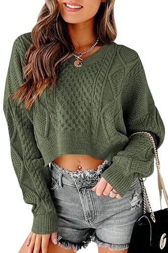 Tankaneo Women's V Neck Cropped Sweater Long Sleeve Crop Top Cable Knit Oversized Pullover Sweater - Image 1