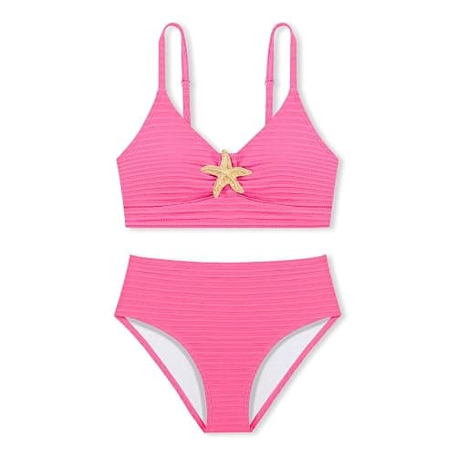 Luckrizyy Girls Swimsuit 2 Piece Bikini Sets V Neck High Waisted Textured Ruched Solid Chest Padded Beach Bathing Suits 7-16Y - Image 1