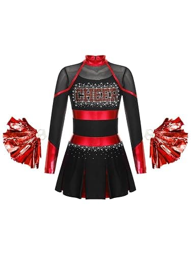 Rswnyirn Girls Cheerleading Uniform Kids Long Sleeve Cheer Dress with Pompom Dance Performance Outfit - Image 1
