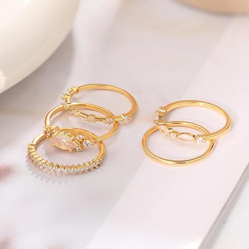 Honsny Stackable Gold Rings for Women Non Tarnish Engagement Wedding Bands | 18K Gold Plated, Cubic Zirconia Stacking Rings, Thumb Ring Set, Thin Eternity Promise Wedding Bands, Size 6 7 8 9 10 11 thumbnail 5