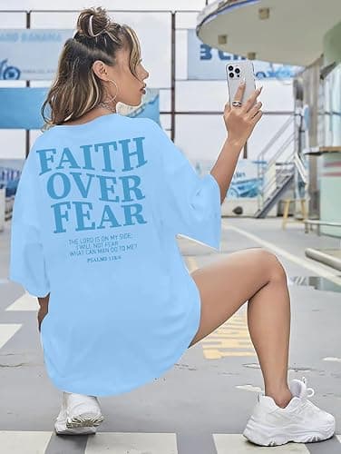 BANGELY Faith Over Fear Shirt Women Graphic Shirts Oversized Workout Gym Christian Religious Tees Drop Shoulder Tee Tops thumbnail 2