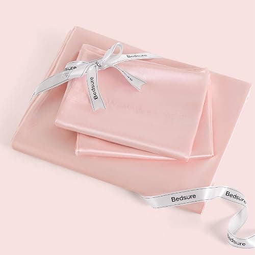 Bedsure Pink silk Sheets Queen Size - 4 Piece Silky Bedsheets with 15 Inches Deep Pocket Fitted Bedsheet,1 Flat Sheet, 2 Satin Pillowcases, Good for Hair & Skin (Queen, Peach Pink) thumbnail 8