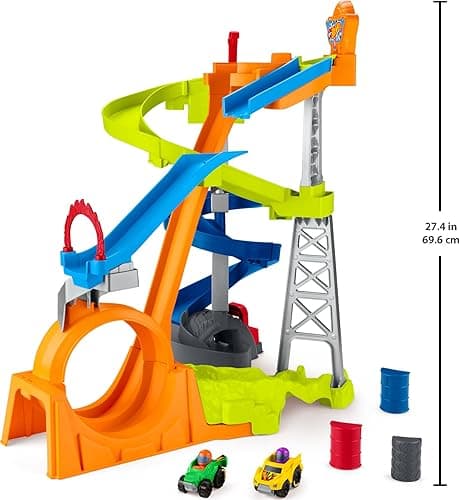 Fisher-Price Little People Toddler Toy Hot Wheels Spiral Stunt Speedway Race Track Playset with 2 Cars for Pretend Play Kids Ages 18+ Months thumbnail 3