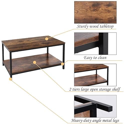 SUPER DEAL 2-Tier Industrial Coffee Table with Storage Shelf for Small Apartment Living Room, Rectangle Wood and Stable Metal TV Stand Side End Table, Rustic Brown thumbnail 6