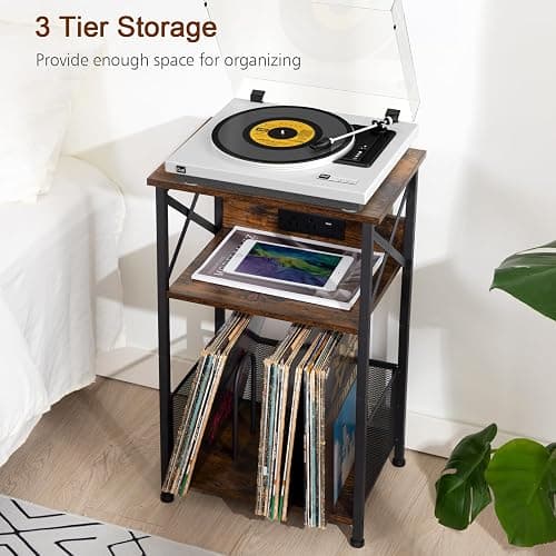 AMHANCIBLE Record Player Stand with Charging Station, Turntable Stand with Storage Cabinet, 3 Tier End Table Hold Up to 200 Albums, Record Stand for Vinyl, Living Room, Rustic Brown, HETCD01BR-1 - Brown - W 15.75" x D 11.41" thumbnail 7
