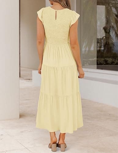 ZESICA Women's 2026 Summer Casual Flutter Short Sleeve Crew Neck Smocked Elastic Waist Tiered Midi Dress thumbnail 4