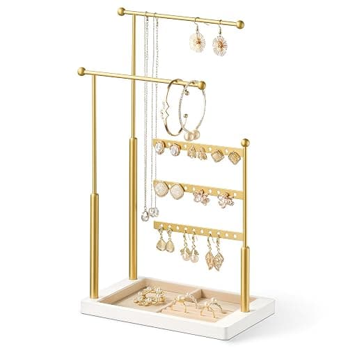 pickpiff Jewelry Organizer Holder Stand: 3 Tier Jewelry Storage Display for Necklace, Bracelet, Earring, Ring, White & Gold - Image 1