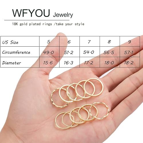 WFYOU 10 Pcs 1-2mm 18K Gold Plated Simple Rings for Women Band Knuckle Stacking Midi Rings Elegant Classic Minimalist Rings Comfort Fit thumbnail 6