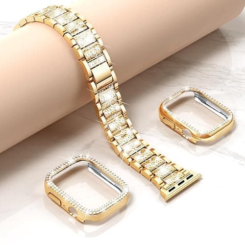 Mosonio Compatible with Apple Watch Band 38mm 40mm 41mm 42mm 44mm 45mm 46mm 49mm with 2 Pack Case Women, Jewelry Replacement Metal Bands Strap with Bling PC Protective Case for iWatch Ultra SE Series 11/10/9/8/7/6/5/4/3/2/1 thumbnail 6