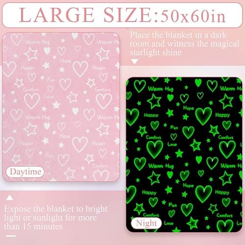 Goodhipi Glow in The Dark Heart Stars Blanket, Gifts for Girls Women Mom,Soft Warm Cozy Pink Blanket for Girls,Easter Gifts for Kids Birthday Gifts Presents Kids 3-12 Age,50"x 60" thumbnail 2