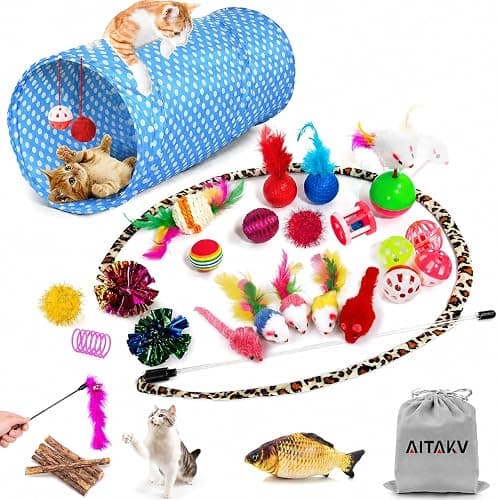 AILUKI 35PCS Cat Toys Variety Pack for Indoor Cats, Kitten Toys Cat Tunnel | Kitten Toys for Indoor Kittens Cat Toy Bundle Set with Feather Wand, Plush Mice, Crinkle Balls & Interactive Cat Toys Bundle - Image 1