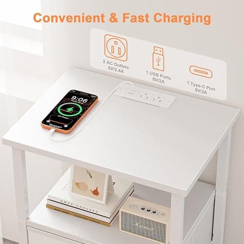 Smoproper Nightstand with Charging Station, Bedside End Table with 2 Fabric Drawers for Bedroom, Side Table with USB Ports and Outlets (White) thumbnail 3