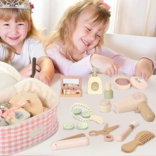 Pithfor Wooden Makeup Toy Set, Pretend Play Makeup Set for Kids Toddlers, Play Beauty Makeup Kit for Girls 3 4 5 6 7 Year Old thumbnail 2