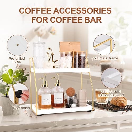 Coffee Bar Accessories,Coffee Station Organizer with Multi-Functional,CoffeeBar Decor for Accessories,2 Tier Wooden Shelf Gold Metal Station Organizer for Countertop,Syrup thumbnail 4