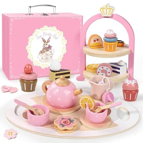Wooden Tea Party Set for Little Girls, Toddler Girl Gifts Princess Tea Time Toys, Wooden Tea Set Tray Cake Dessert, Kids Kitchen Pretend Play, Birthday for Girls Age 2-5 Years Old - Image 1