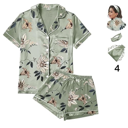 WJing Yi Jia 4Pcs Womens Satin Silky Pajama Sets Short Sleeve Shirt XS-4XL Floral Pajamas Set Soft PJ Loungewear Sleepwear thumbnail 5