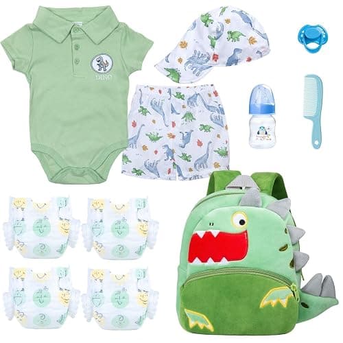 11 Pcs Reborn Baby Doll Clothes Boy Dinosaur Outfit Accessories for 17-22 Inch Reborn Boy Dolls 20 Inch Newborn Baby Boy Clothes Green Accessories with Backpack - Image 1