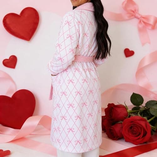 VISGOGO Bow Robes For Women Robe Lightweight Short Women Bathrobe Soft Ladies Cute Bathrobe With Pocket Pink And White thumbnail 3