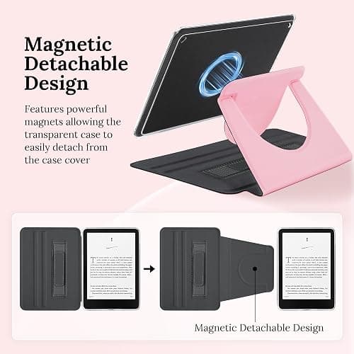 Vane Oak Magnetic Rotating Stand Case for 7'' Kindle Paperwhite & Colorsoft | Magnetic Detachable, Adjustable Stand, Auto Wake/Sleep, Clear PC Case, Soft TPU Edge, Hand Strap, Anti-Slip Grooves, Pink thumbnail 3