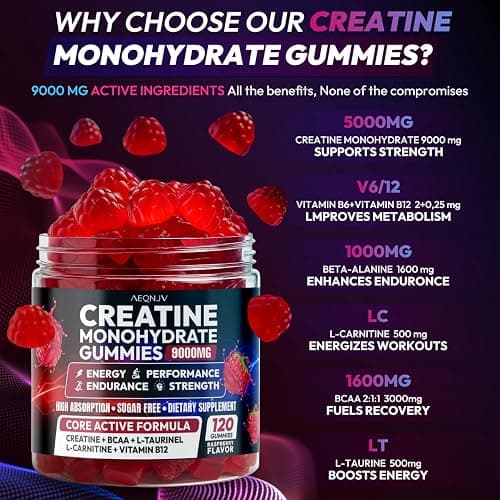 AEQNJV Creatine Gummies Monohydrate Complex 9000MG, Pre-Workout for Men & Women, Creatine Gummy with L-Taurine, BCAA 2:1, B12/6 for Muscle Support, Enhance Strength, Energy Boost-120 Count thumbnail 4