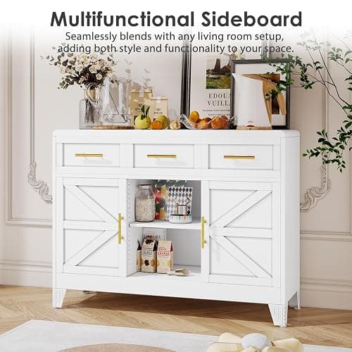 Sideboard Buffet Cabinet with Drawers, White 47.2" Large Sideboard Cabinet with Doors & Adjustable Shelves, Modern Farmhouse Coffee Bar Console Table, Coffee Bar for Kitchen, Dining Room thumbnail 6