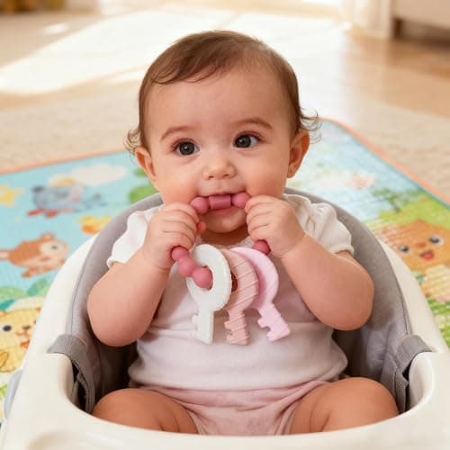 Baby Teething Keys Toys 3 to 12 Months,Infants Toddler Sensory Chew Toys,Teether Toys for Baby Girl-Soft & Raised Texture to Soothe Gums,BPA Free (Pink) thumbnail 7