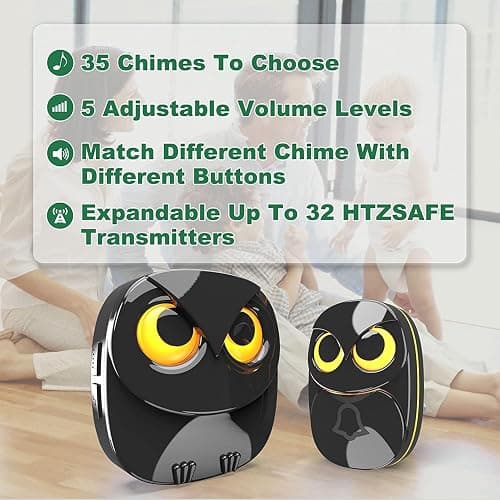 Wireless Doorbell, Cute Owl Doorbell Weatherproof IP55 Outdoor Remote Push Button- 1000 Feet Long Wireless Range, 1 Receiver + 1 Transmitter, Black thumbnail 4