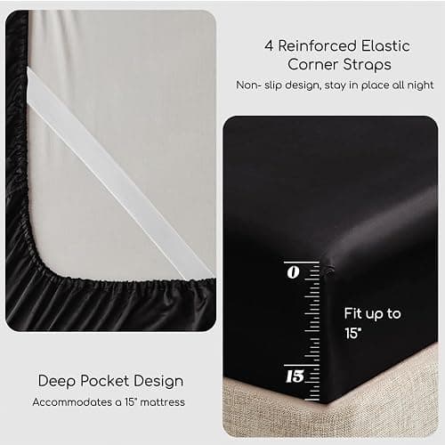 MR&HM Satin Bed Sheets, Queen Size Sheets Set, 4 Pcs Silky Bedding Set with Elastic Corner Straps and 15 Inches Deep Pocket for Mattress (Queen, Black) thumbnail 4