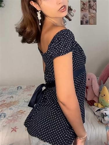 VnimVinter Women Fairy Grunge Y2k Babydoll Shirt Cap Sleeve Micro Polka Dot Tie Back Flowy Babydoll Top Preppy Clothes thumbnail 4