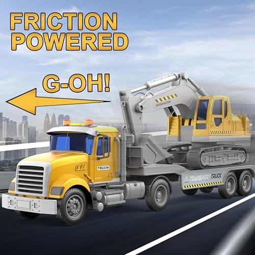 DOWELLIN Transports Trucks Kids Toys, 22" Large Semi Truck Toy Carrier and Excavator Truck with Sound&Light,Friction Powered Cars Toys Birthday for Childs-Yellow thumbnail 4