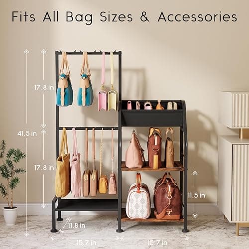 Homsorout Purse Organizer for Women - 3-Tier Storage Stand & 12 Fixed Hooks, Visible Backpack Storage, Space-Saving Bag Organizer Rack for Home, Closet, Black thumbnail 3
