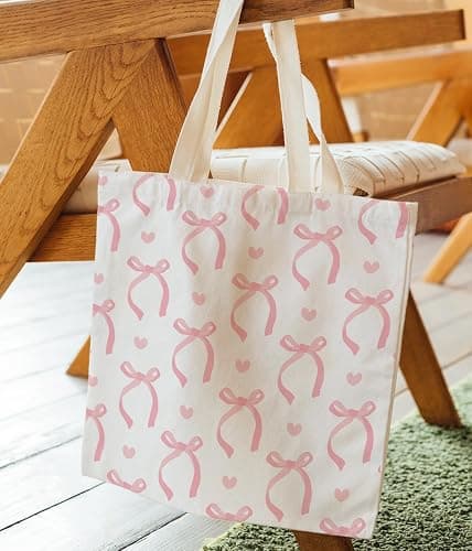 Zeghk Coquette Pink Bows Preppy Canvas Tote Bag Aesthetic for Women, Pink Tote Bag, Coquette Bag, Preppy Stuff, Trendy Gifts for Women, Shopping Bags thumbnail 5