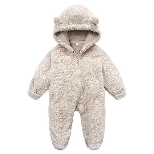 Toddler Baby Boys Girls Fleece Rompers Cute Hooded Plush Zipper Jumpsuits Keep Warm Fall Winter Outfits - Beige - 3 Months