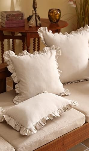 patdrea Shabby Chic Linen Decorative Throw Pillow Covers 18"x18" Set of 2, Farmhouse Linen Pillow Covers with Ruffles, Square Sturdy Throw Pillow Case for Couch Sofa Bed Living Room thumbnail 6