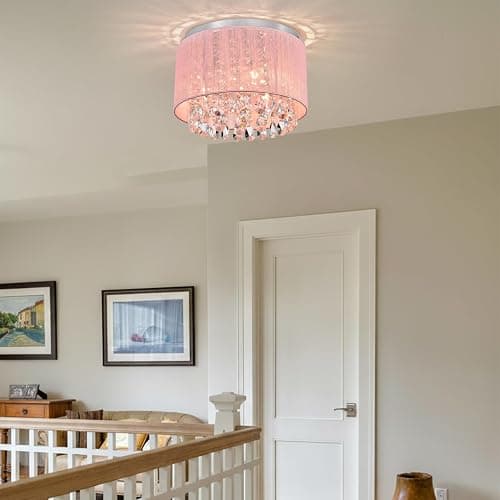 LaLuLa Pink Chandelier Drum Flush Mount Chandelier Crystal Ceiling Light Fixture 3 Light Bedroom Chandelier thumbnail 9