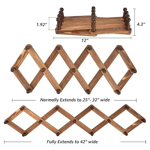 Homode Vintage Wood Expandable Peg Rack- Multi-Purpose Accordion Wall Hangers with 13 Hooks for Hats, Coat, Mugs, Scarf, Jewelry Storage thumbnail 3