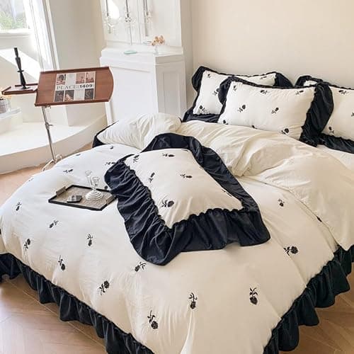 Sedefen Housse de Couette 140x200cm Volants Fleurs Broderies Parure de Lit Blanc Noir Feuille de Lotus 1 Personnes Ado Linge de Lit en Microfibre avec Fermeture Éclair et 1 Taie d'oreiller 65x65cm thumbnail 2