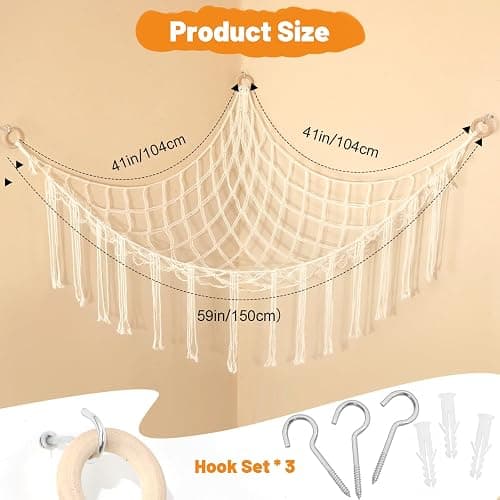 Toy Hammock for Stuffed Animals, 41"*41"*59" Soft Cuddly Plush Toys Macrame Net, Corner Hanging Organizer for Nursery Decor thumbnail 6