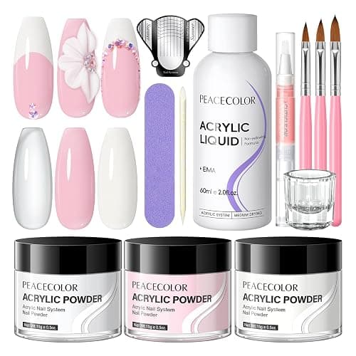 PEACECOLOR Acrylic Nail Kit Starter Kit, 3 Colors Pink Clear White Acrylic Powder Set with Nail Brush Cuticle Oil Nails Forms Nail Art Basic Kit for Women Home DIY - Image 1