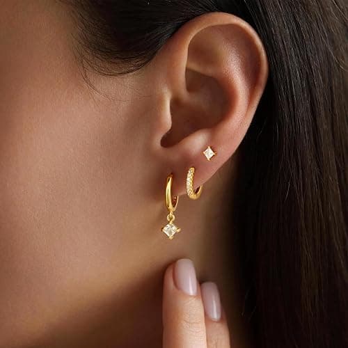 Gold Stud Hoop Earrings Stacks for Women - 3 Earring Sets for 3 Holes Multiple Piercing Dainty Gold Plated Small Earrings Set Jewelry Gifts for Women thumbnail 2