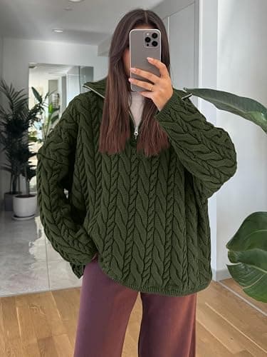 PRETTYGARDEN Womens Fall Sweaters 2025 Long Sleeve Quarter Zip Pullover Sweater Casual Loose V Neck Cable Knit Jumper Tops thumbnail 6