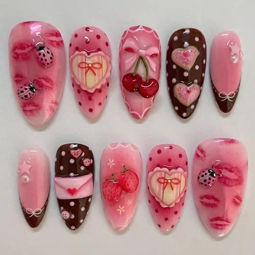 BABALAL Press on Nails Medium Almond Fake Nails Pink Strawberry Glue on Sweet Heart Bow Lips Art False Acrylic Nails Y2k 24Pcs Valentines Custom Stiletto Full Cover for Women Girls - Image 1