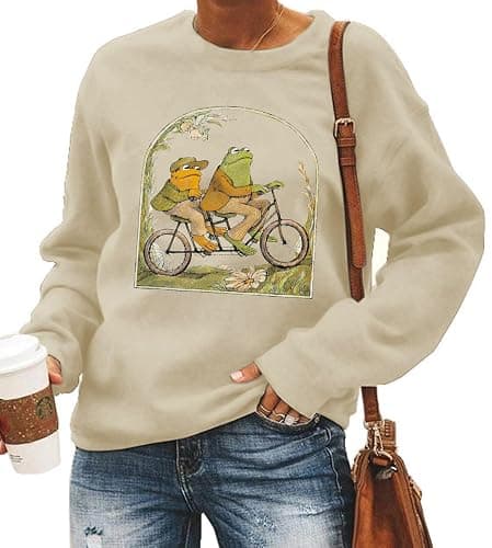 QIANRUO Frog Sweatshirt for Women Classic Book T-Shirt Vintage Graphic Tee Book Lovers Shirt Funny Teacher Pullover Tops thumbnail 2