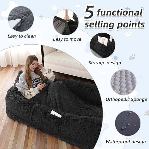 Human Dog Bed, 71''x45''x12'' Size Fits You and Pets, Washable Faux Fur Pet Bed for People Doze Off, Napping Orthopedic Dog Bed, Present Plump Pillow, Blanket, Strap - Black thumbnail 3